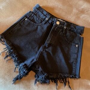Black Denim Frayed Hem Women Shorts